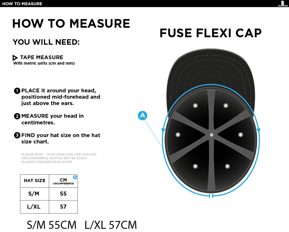 WINSFORD CC Fuse Flexi Cap - Navy - Size Guide